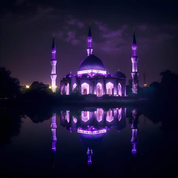 Illuminated mosque with reflection in the water at night Istanbul