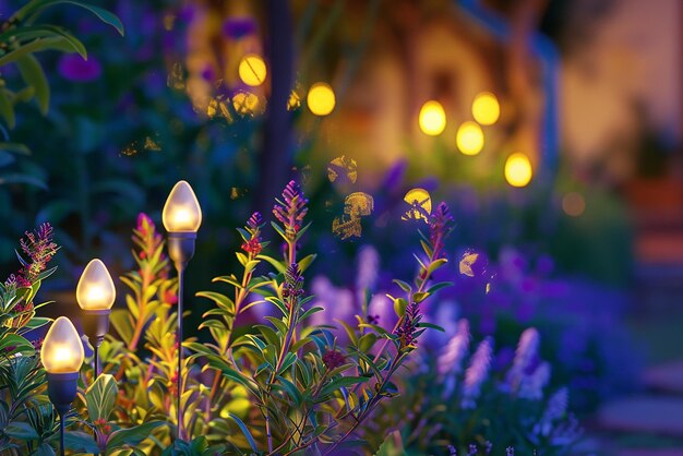 Photo illuminated oasis beautiful garden at dusk