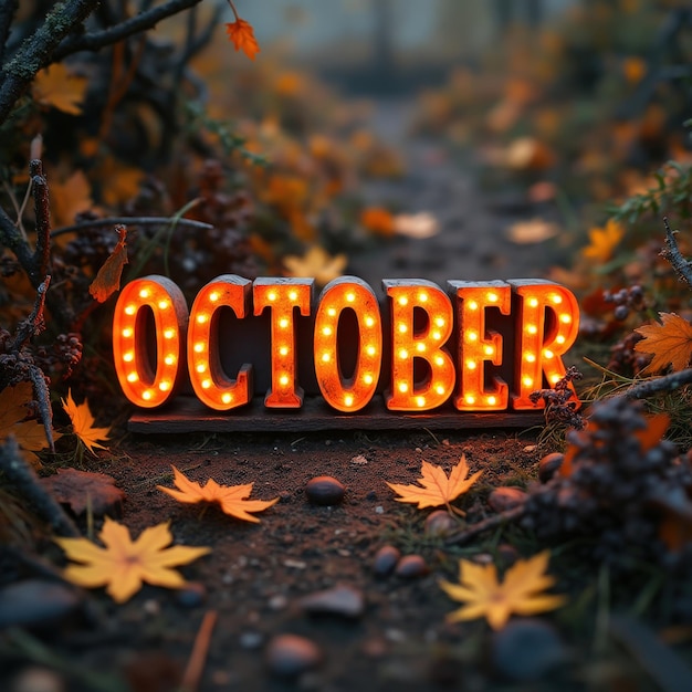 Photo illuminated october sign in autumn foliage