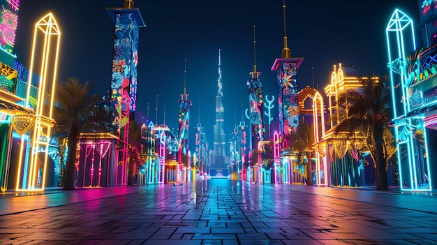 Photo illuminated pavilion at dubai global village city street with bright lights