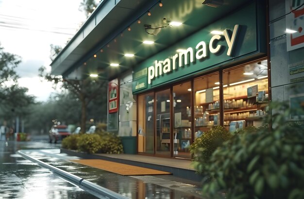 Illuminated pharmacy storefront sign with blurred background on a rainy evening