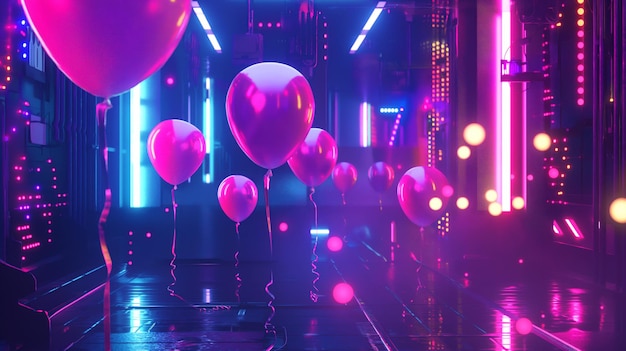 Photo illuminated pink balloons in a futuristic corridor with neon lights and reflective floors