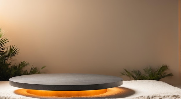 Illuminated podium on sand stone with palm leaves