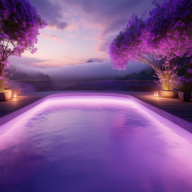 Photo illuminated poolside escape at twilight