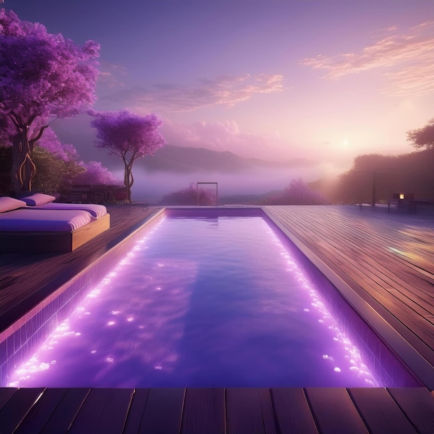 Photo illuminated poolside escape at twilight