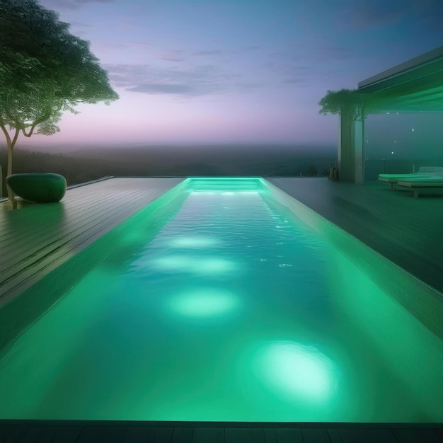 Photo illuminated poolside escape at twilight