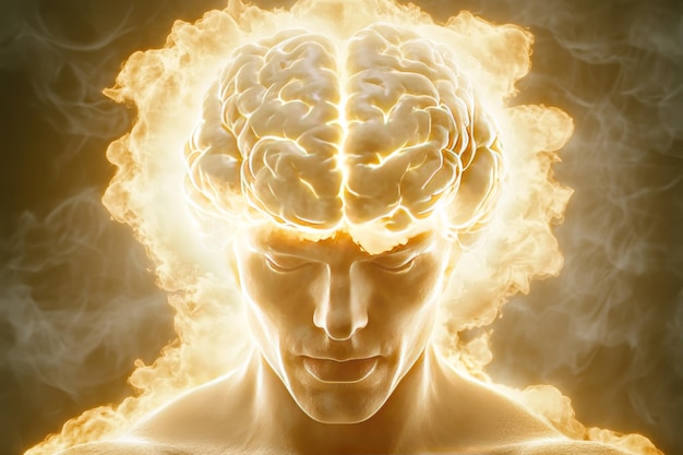 Illuminated portrait of a man with a cerebral light burst representing clarity and innovation