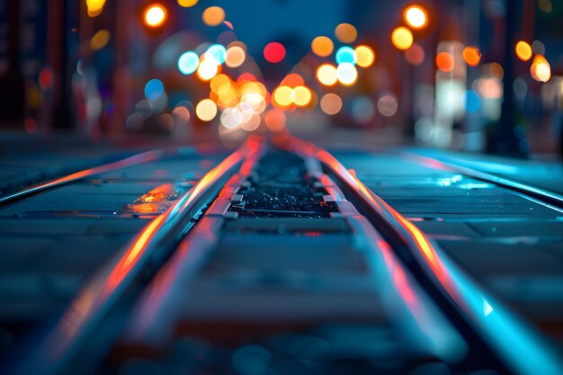 Illuminated railroad tracks at night