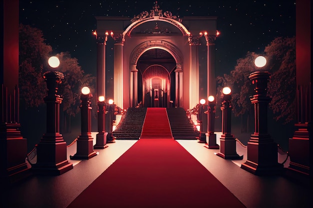 An illuminated red carpet leading up to the entrance of a glamorous event