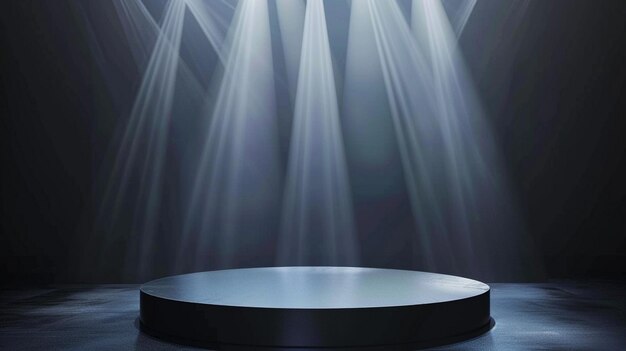 Photo illuminated round podium in the spotlight stage scene