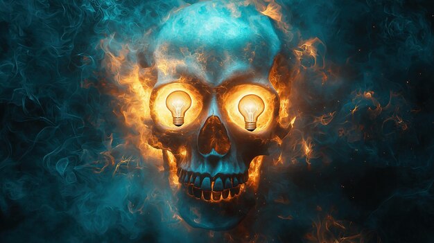 Illuminated Skull with Fiery Effects and Light Bulbs