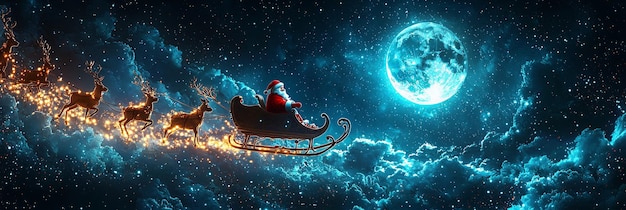 Photo illuminated sleigh with santa flying under blue moon