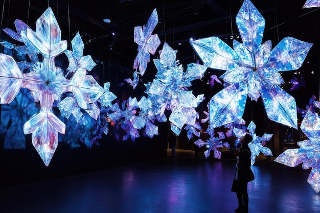 Illuminated snowflakes art installation captivating visitors at an evening exhibition in a gallery