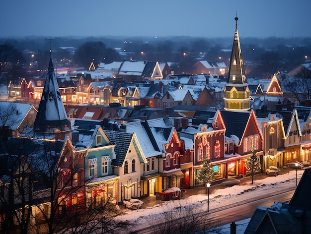 Illuminated Snowy Town Rooftops Aglow