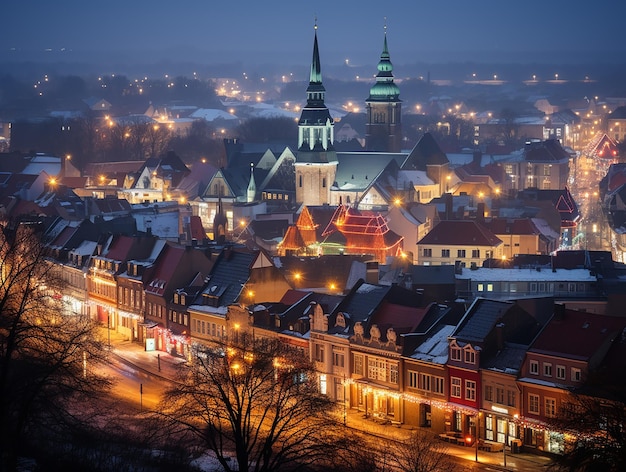 Illuminated Snowy Town Rooftops Aglow