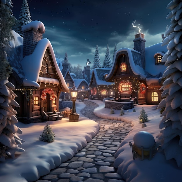 Illuminated snowy village at night