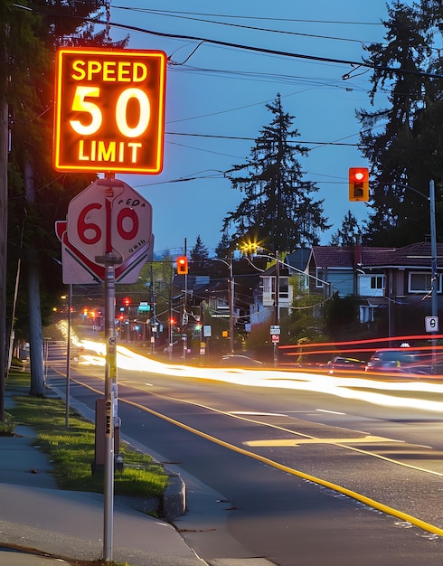 Illuminated speed limit sign at night with light trails from passing cars on a street