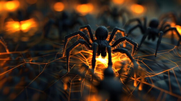 Photo illuminated spider webs in 3d illustration with dynamic lighting and blank space for text