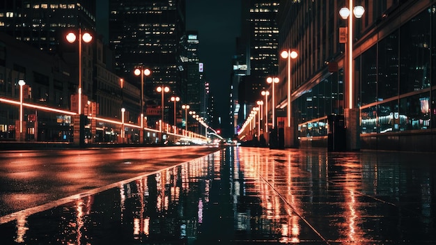 Photo illuminated street lamps in rainy urban setting