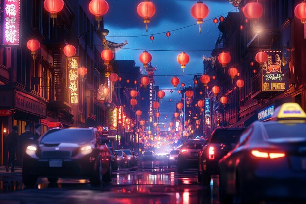 Illuminated street scene at night in Chinatown adorned with red lanterns and neon signs