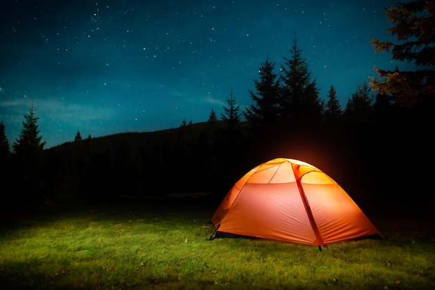 Illuminated tent in night forest