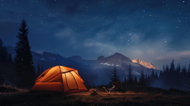 Illuminated Tent Under Starry Mountain Sky A glowing tent stands under a night sky filled with stars with majestic mountains and forest silhouettes in the background