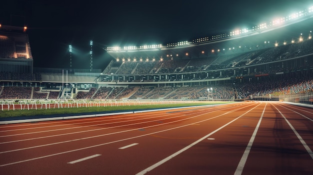 Photo illuminated track inside a large stadium at night ready for a thrilling race event