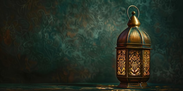 Illuminated traditional lantern on a patterned background symbolizing Islamic celebrations