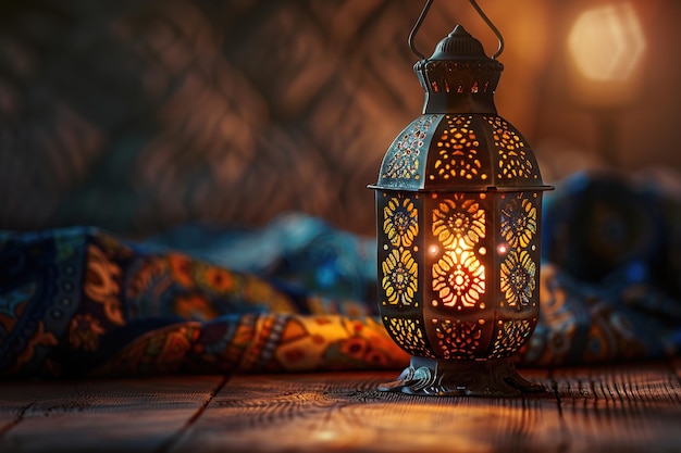 An illuminated traditional lantern on a textured wood surface with a colorful fabric backdrop