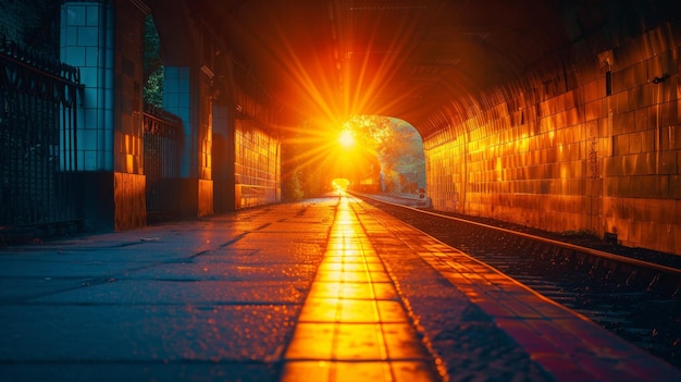 Illuminated Train Tunnel Path at Sunset