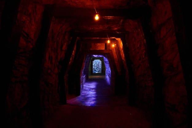 Illuminated Underground Tunnel with Carved Artwork