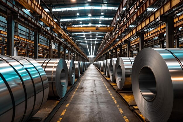 Illuminated Warehouse Aisle with Shiny Steel Rolls Industrial Manufacturing Storage