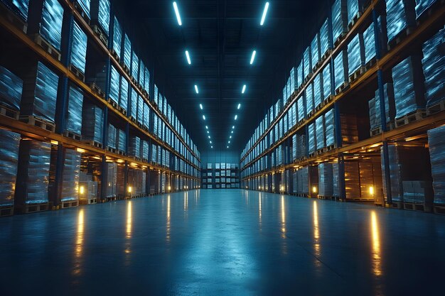 Illuminated Warehouse Illustration Rows of Storage Racks at Night