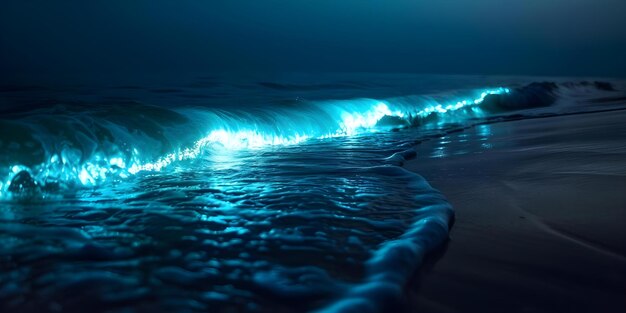 Photo illuminated wave crest glowing bioluminescent algae in darkness concept bioluminescence wave crest algae glow darkness