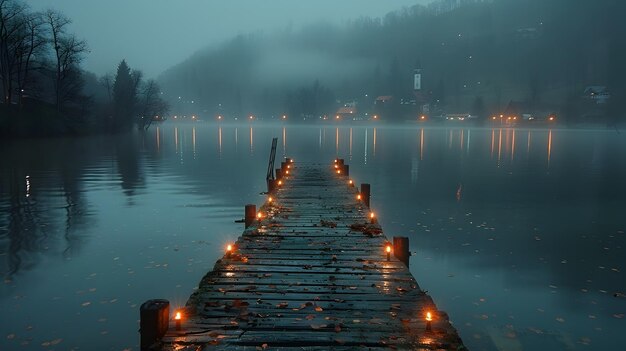 Photo illuminated wooden dock on serene misty lake at dusk