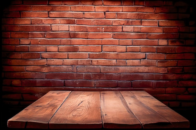 Illuminated wooden table against a red brick wall Generative AI Generative AI