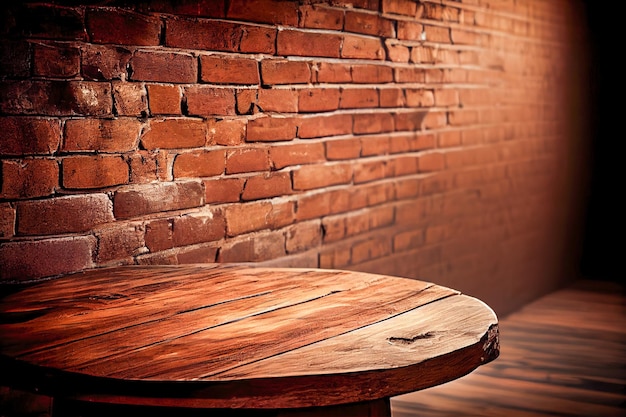 Illuminated wooden table against a red brick wall Generative AI Generative AI