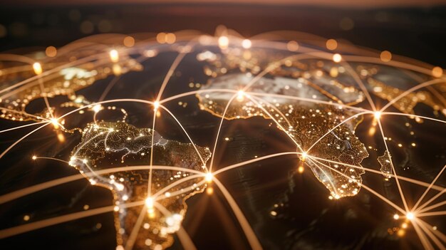 Photo illuminated world map in the night highlighting global connectivity with golden lines and lights