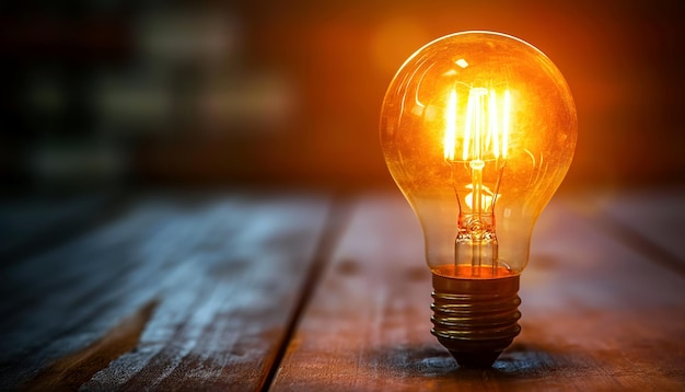 Illuminating Idea A Glowing Lightbulb on Rustic Wood