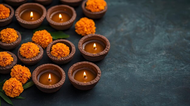 Photo illuminating night traditional clay diyas and vibrant marigolds creating a warm festive glow