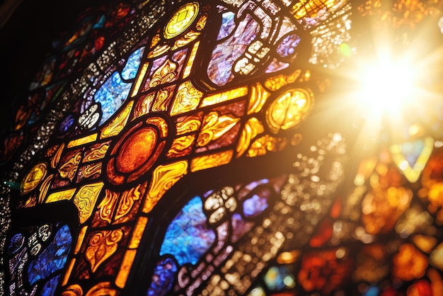 Photo illuminating spirituality a stained glass window bathed in sunlight reflects cultural heritage and artistic mastery