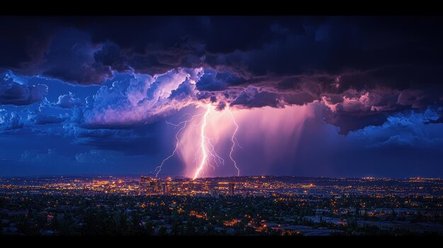 Illuminating Thunderstorm Lightning Strikes City Skyline in Electrifying Display of Extreme Weather