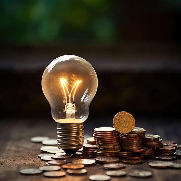 Illuminating Wealth Light Bulb and Stack of Coins