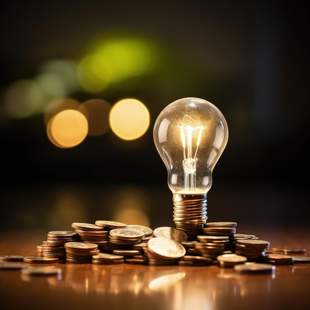 Illuminating Wealth Light Bulb and Stack of Coins