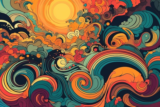 Illusion psychedelic trip abstract nature and sun Colorful illustration palette in style of 60s Generative AI