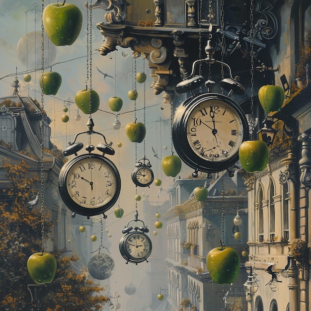 An illusory still presence with condensing watches and floating apples