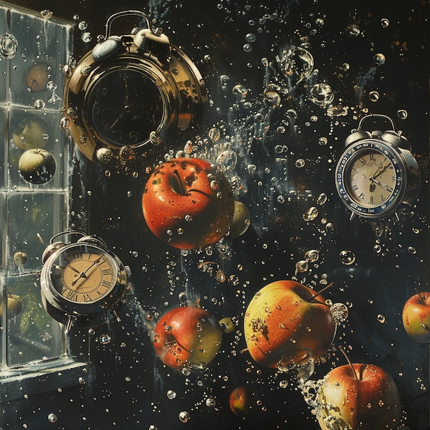 An illusory still presence with condensing watches and floating apples