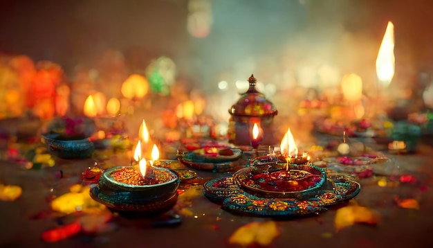 Illustation of Diwali festival of lights tradition Diya oil lamps against dark background