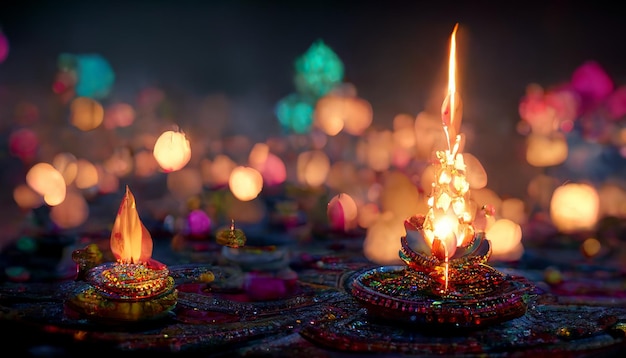 Illustation of Diwali festival of lights tradition Diya oil lamps against dark background