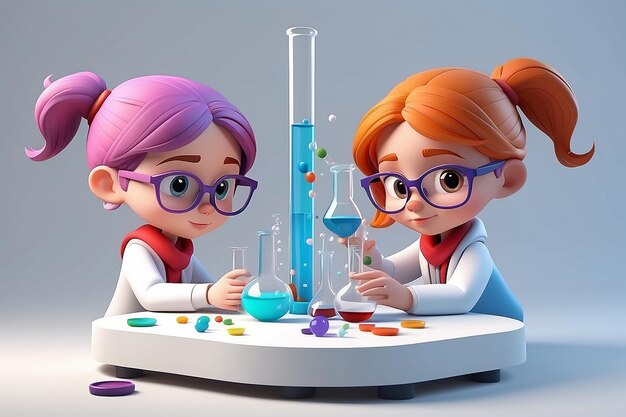 Illustratation of isolated two girls study chemistry on white